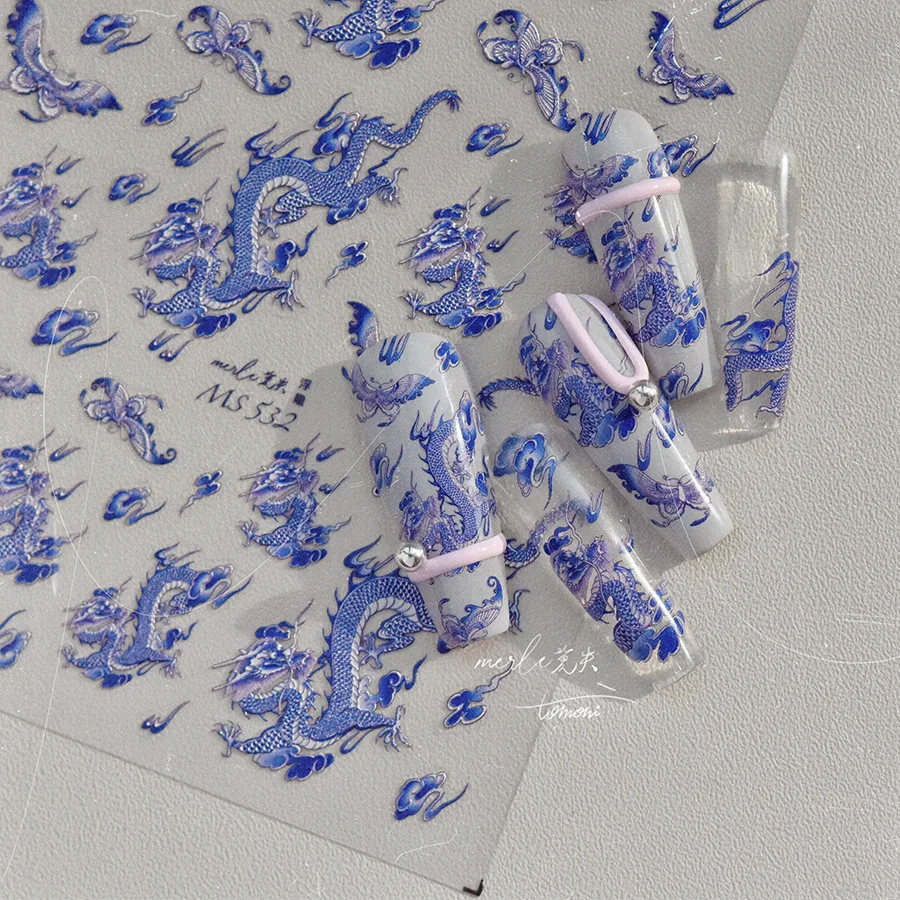 Adesivo per unghie drago in porcellana blu e bianca Adesivi per decorazioni per unghie retrò abbronzanti Decalcomanie per manicure autoadesive cinesi fai-da-te