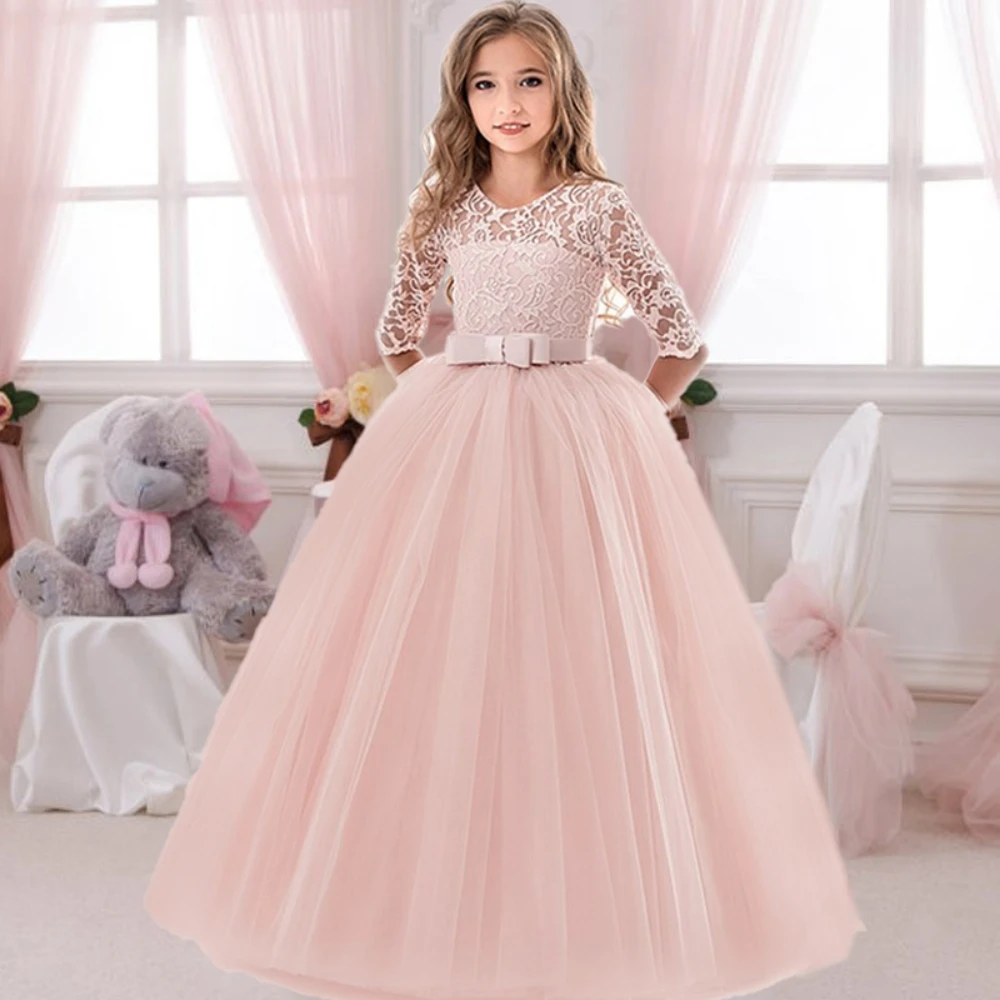 Formal Long White Bridesmaid Girls Dress Cake Lace Princess Party Flower Dresses Kids Clothes Wedding Evening Gown 8 12 Vestidos