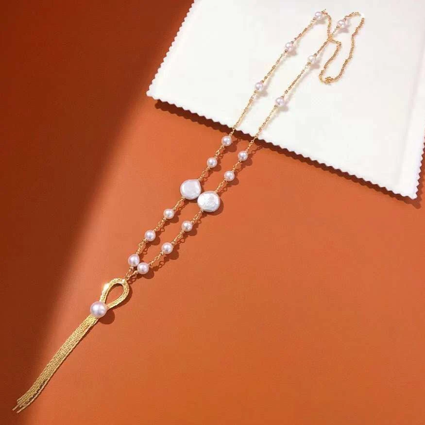 

Handmade Sweater Chain 11-12MM Freshwater Button Baroque Pearl Necklace 6-7MM Freshwater Pearl Necklace Sweater Chain