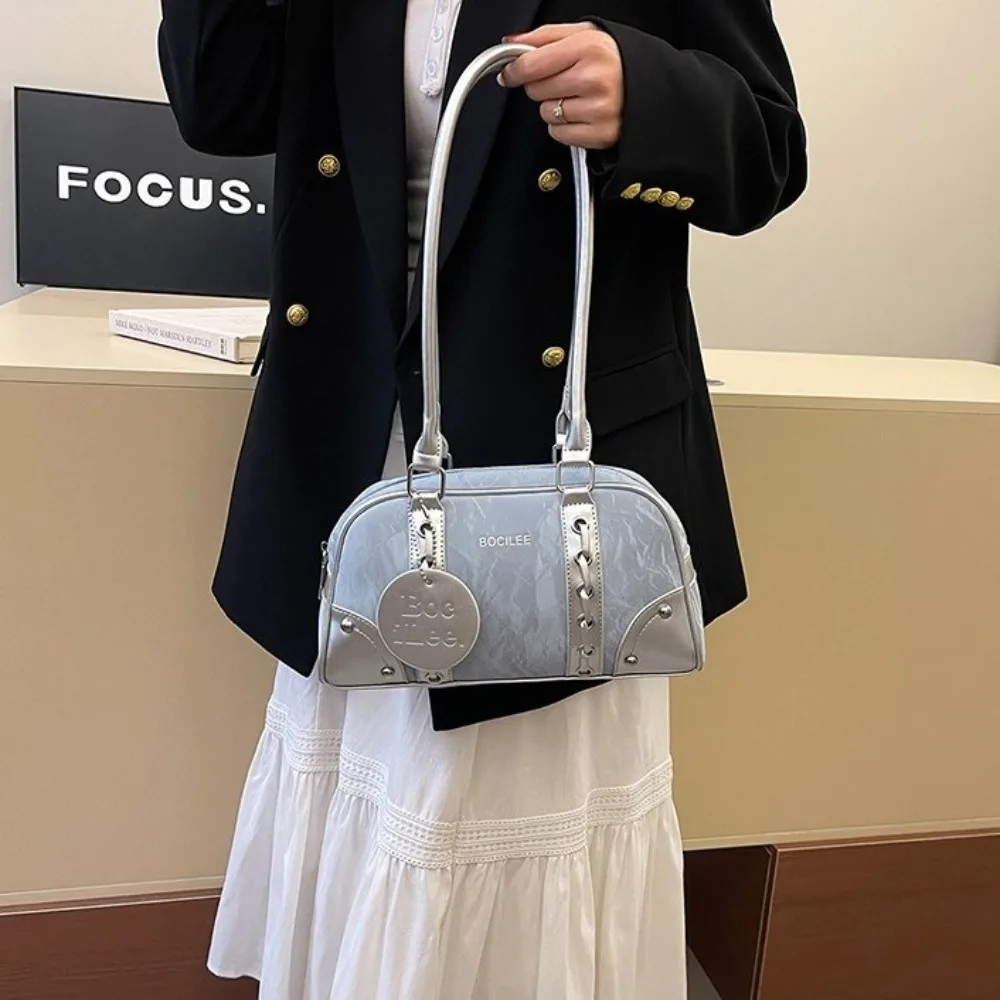 

Casual Underarm Bowling Bag Large Capacity PU Leather Boston Pillow Bag College Style Korean Style Woman Shoulder Bag Student