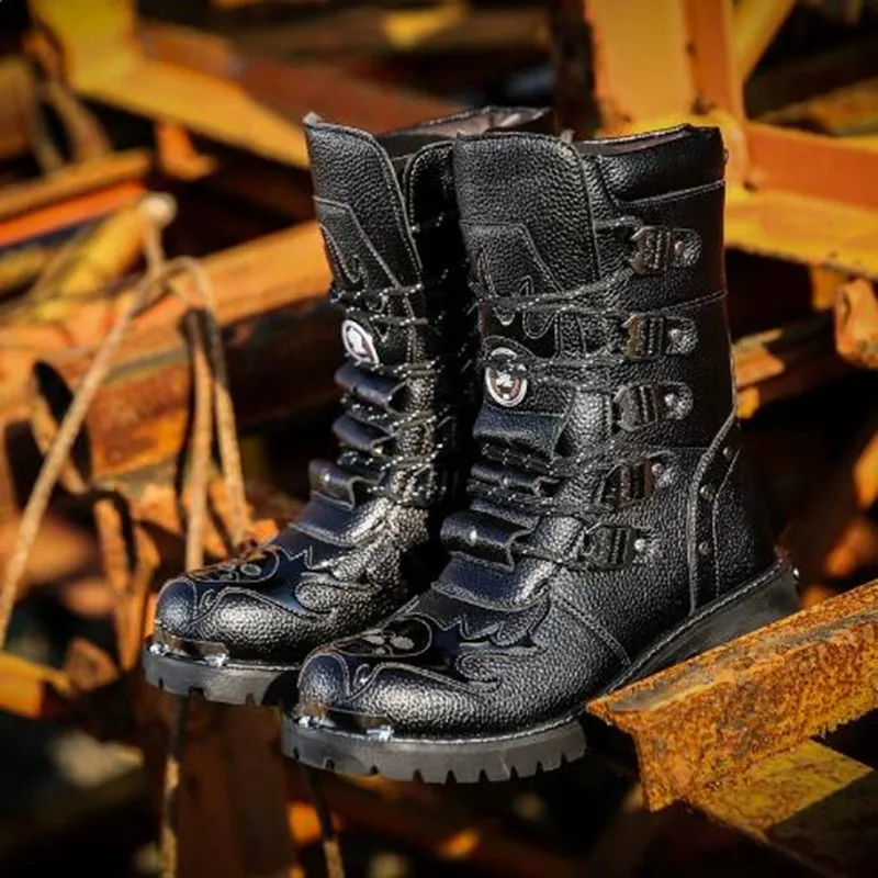 New Men Motorcycle Boots Fashion Mid-Calf Punk Rock Punk Leather Black High Top Mens Casual Boot Steel Toe Shoes Big Size 38-46