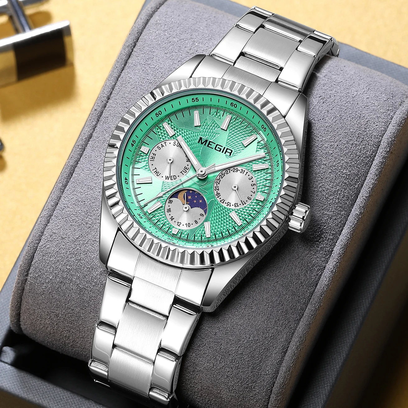 MEGIR 1102 Mens Quartz Chronograph Watch Casual Stainless Steel Military Sport Fashion Gentleman Wristwatch