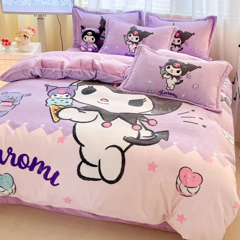 Sanrio Sheet Hellokitty Mymelody Winter Thickened Milk Velvet Four-piece Cute Kuromi Double-sided Suede Bed Sheet and Duvet Set