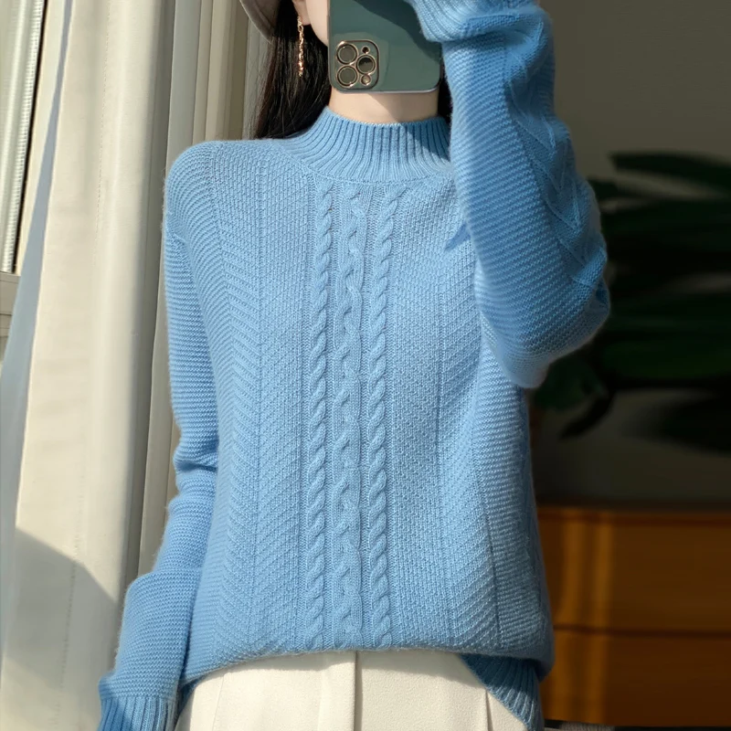 100% Pure Wool Knitted Sweater Women's New Seven Needle Thick Solid Color Semi High Neck Knitted Sweater Loose Knitted Top