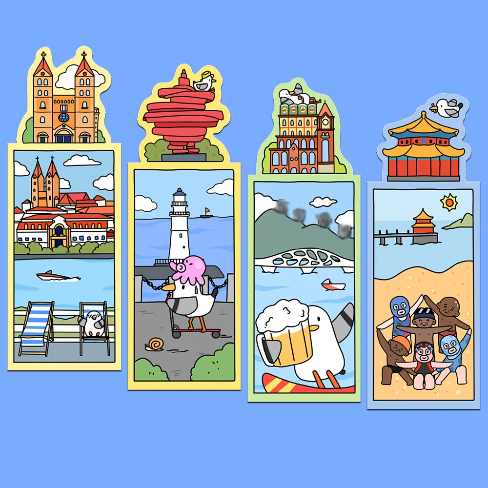 4PCS Cartoon Seaside Vacation Alien Magnetic Bookmark Fun Seagull Lighthouse Beach Art Mark Paper Book Page Stationery Gift Book