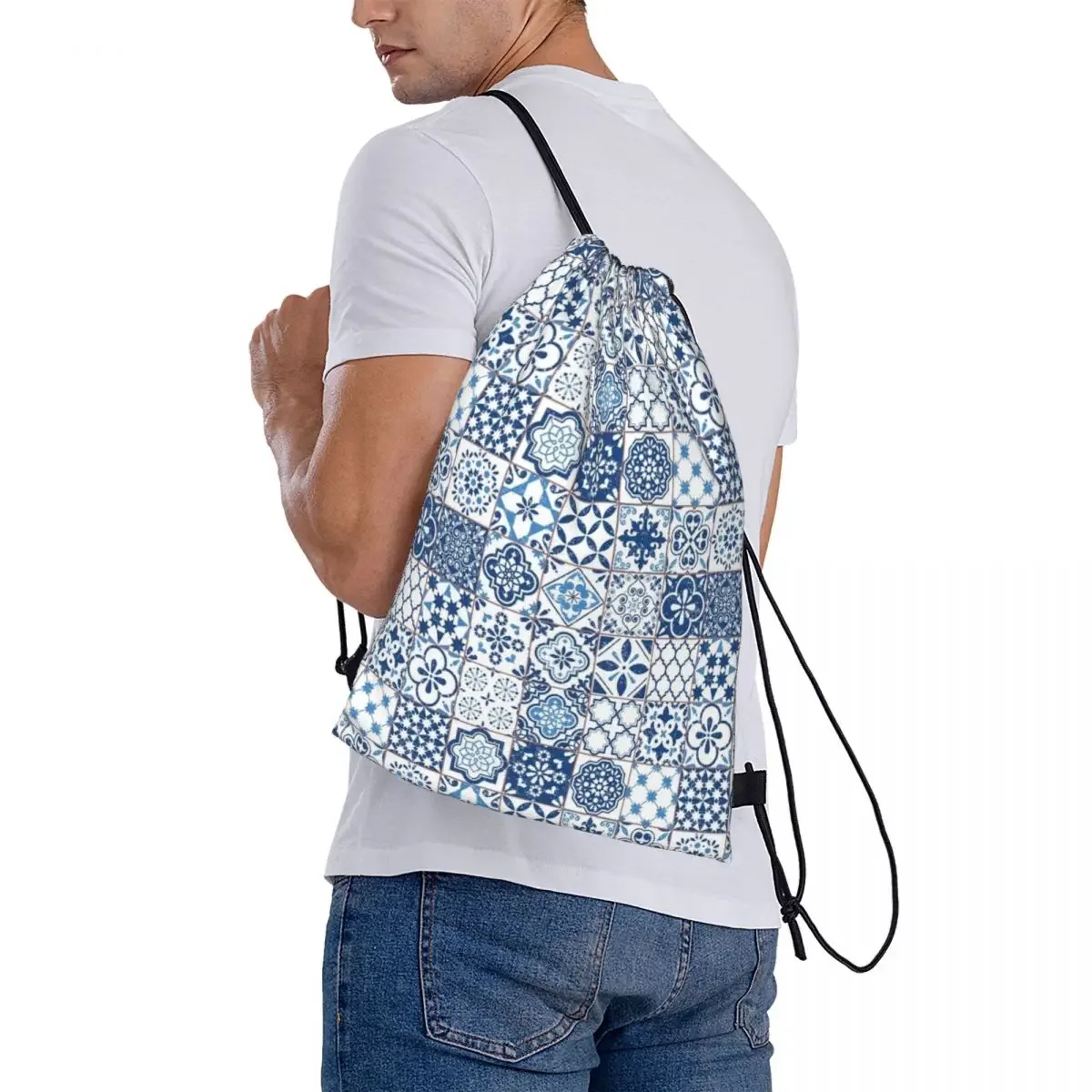 Portáteis Azulejos Portugueses Mochilas, Casual Drawstring Bundle Pocket, Saco De Armazenamento, Bookbag para Viagem, Estudantes