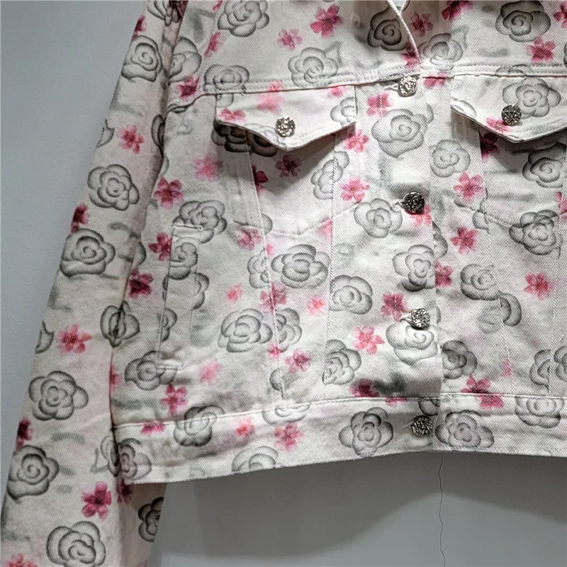 

Spring Autumn Women Fashion Flower Printing Short Denim Jacket Casual Loose Turndown Collar Long Sleeve Cowboy Outerwear Female
