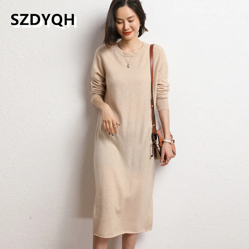 High-end New 100% Cashmere Sweater Long Dress Women Fashion Knitted Dresses Female Loose Large Size O-Neck Pullover 3Colors