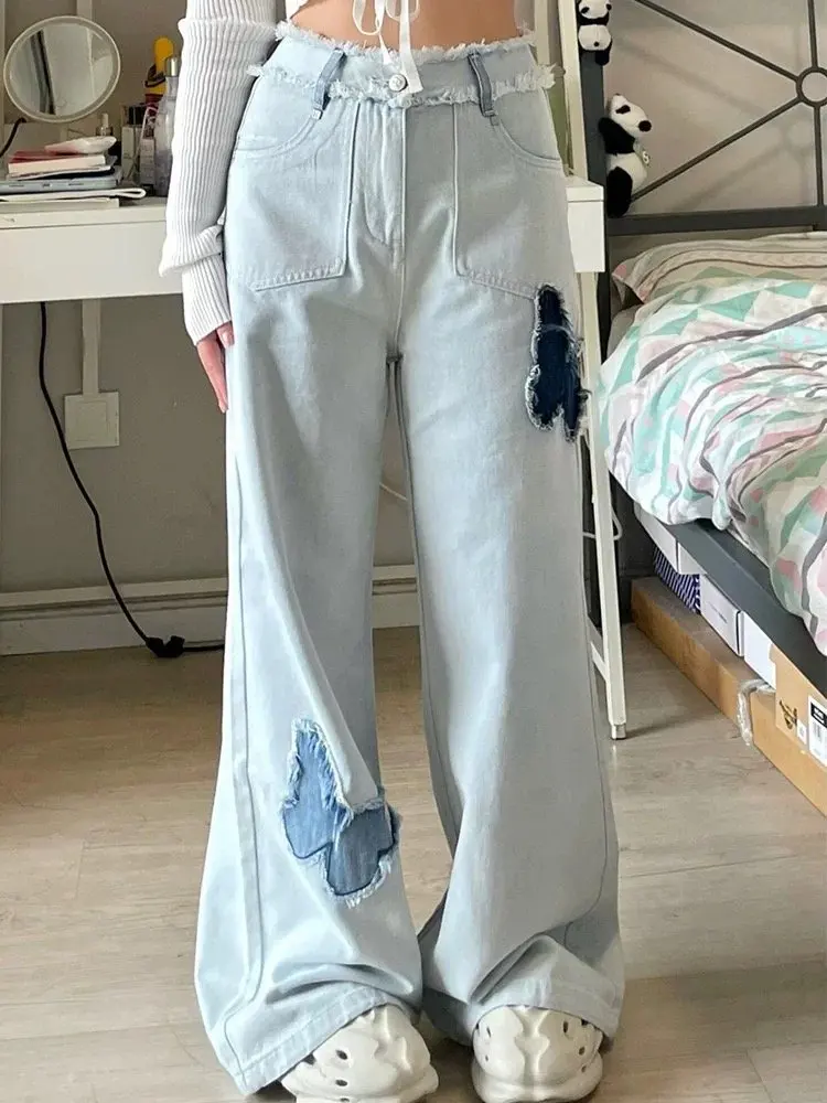 กางเกงยีนส์ผู้หญิงเอวสูงทรงหลวมสไตล์วินเทจ Y2K สตรีทแวร์ สีน้ำเงิน ขากว้าง ทรงโอเวอร์ไซส์ ทรงหลวม สไตล์โกธิค เกาหลี สวยงาม ทันสมัย