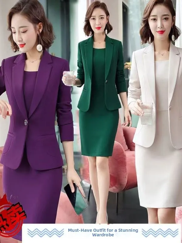 

Женский костюм-двойка больших размеров для весны и осени: платье и пиджак в корейском стиле с завышенной талией, длинными рукавами и пуговицами