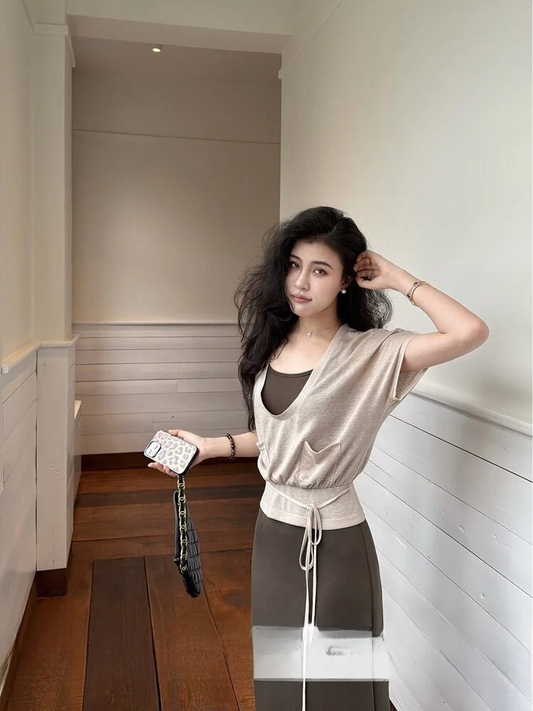 

Elegant High Intelligence Color Block Lazy Comfortable A-Line Dress Zhang a Xing Filin Holiday Short Sleeve Dress