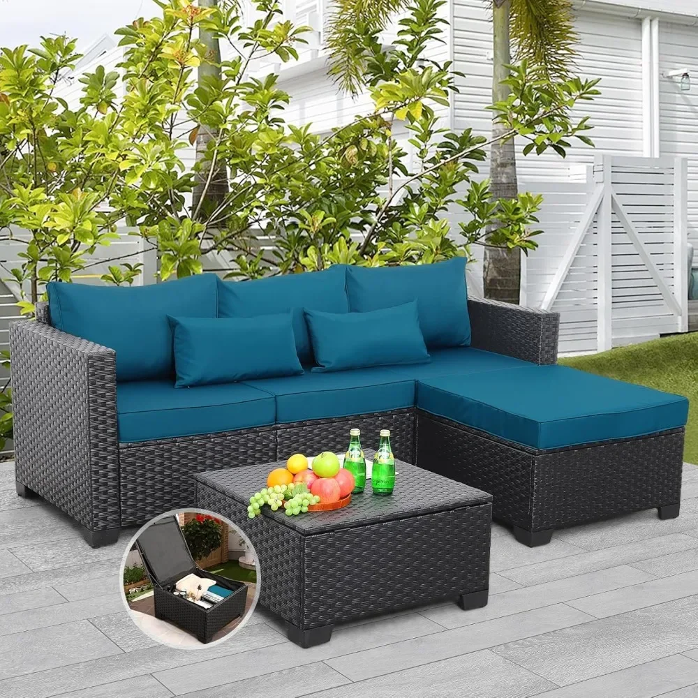 Rattaner-Gartenmöbel-Set, 3-teilig, Korbgeflecht, Terrassenmöbel, Schnitt- und Terrassencouch für den Außenbereich, Couchtisch für den Außenbereich mit Stauraum