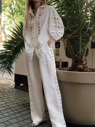 Retro autumn women's new elegant two-piece lapel embroidery hollow long-sleeved shirt+high waist straight trousers fashion suit