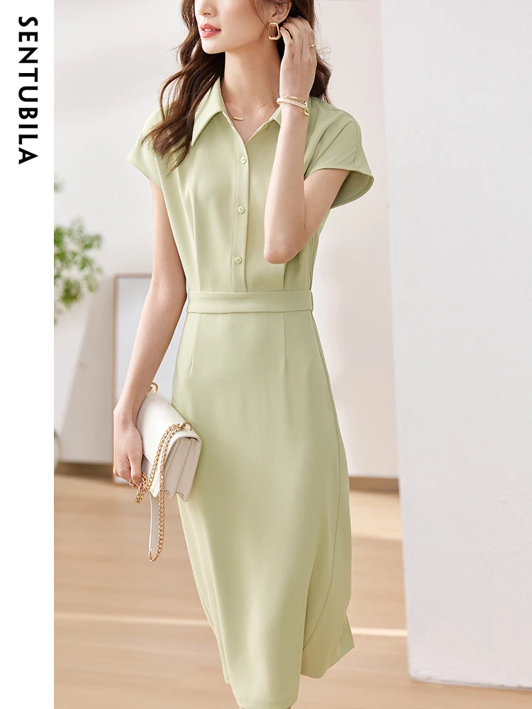 

SENTUBILA Summer Shirt Dresses for Women 2024 Elegant Simple Short Drop Sleeve Elastic Waist Back Split Midi Dresses 132L48076