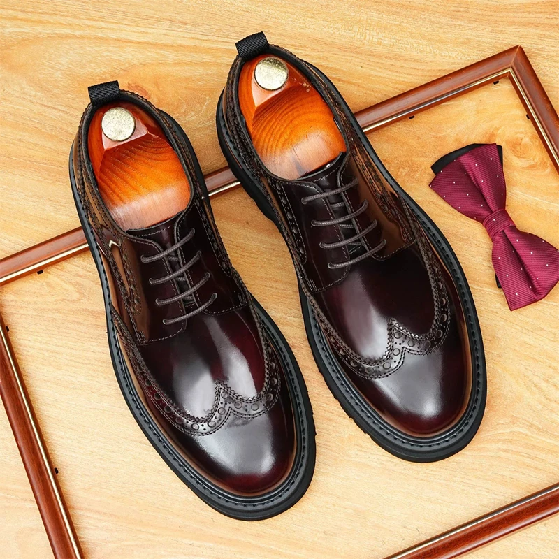 

Elegance Brogues Men's Cow Leather Lace Up Platform Dress Oxfords Carving Round Toe Daily Business Wedding Footwear Handmade
