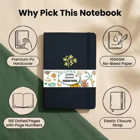 A5 Dot Grid Notebook Faux PU Leather Hardcover, 160GSM Beige Paper, 160 Pages with Elastic Band &amp; Page Numbers, Ideal for sketch