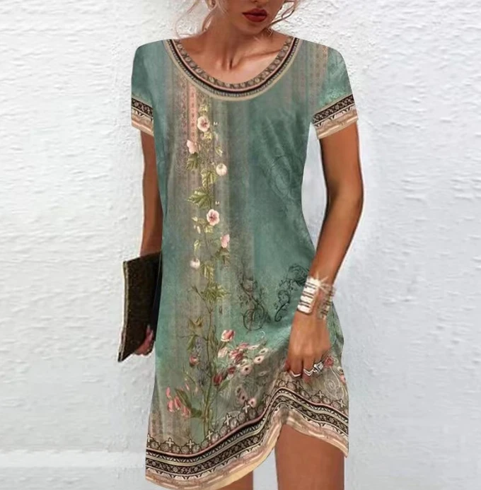 Ethnic Style Printed Casual Short Sleeved Dress Round Neck Pullover 2024 New Fashionable Daily Casual Slimming Commuting Style