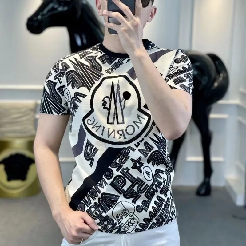 

Men's Clothing Summer high quality Fashion Hot Rhinestone Printing Casual Slim-fit Ice Silk Round Neck Short-sleeved T-shirt