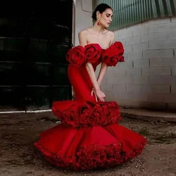 Amazing Ruffles Off The Shoulder Evening Gowns Saudi Arabia Red Tiered Mermaid Prom Dresses Robe De Soiree Formal Party Dress