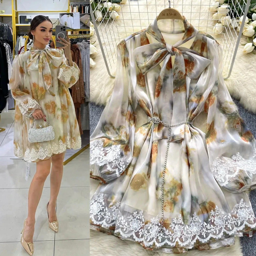 

Элегантное шифоновое платье А-силуэта с рукавами-фонариками, кружевными вставками и бантом, облегающее, модное, для женщин, 2025