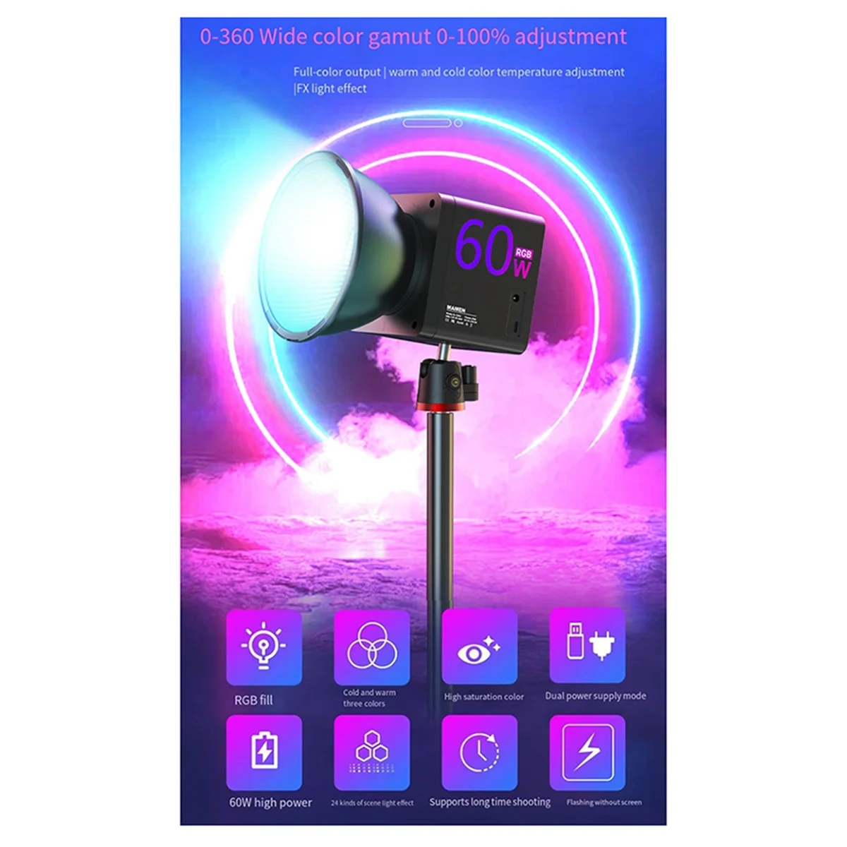 BAADE 60 واط التصوير ملء الضوء المحمولة COB RGB الفيديو الضوئي 2500-6500 كيلو في الهواء الطلق استوديو تسجيل الفيديو التصوير الاتحاد الأوروبي التوصيل