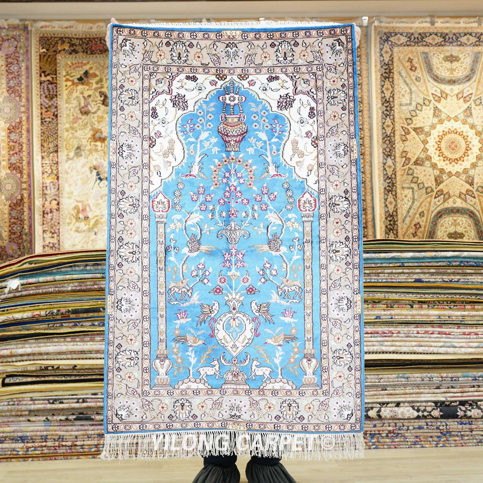 

76x122cm Blue Hand knotted Carpet Vintage Hand Woven Area Silk Prayer Rug (YHW346B)