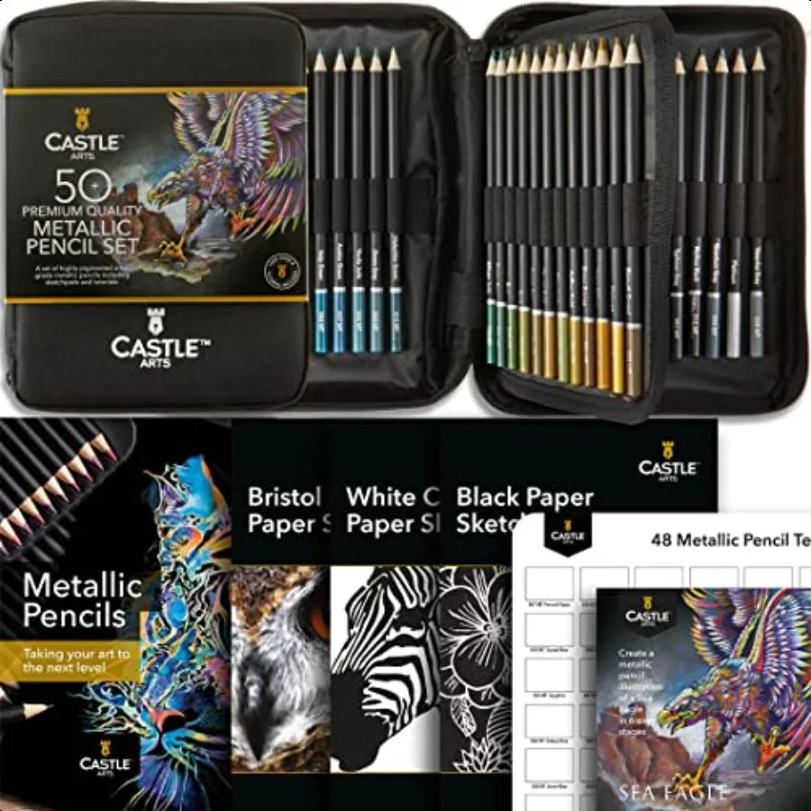 

48 Metallic Colored Pencils Set with Extras Quality Wax Cores with Shimmering Shades for Profional Adult Artists Colorists in S