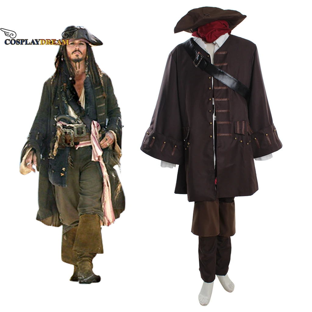 Capitão jack cosplay traje casaco camisa calças colete conjunto completo jack sparrow cosplay outfit para adulto halloween cosplay terno