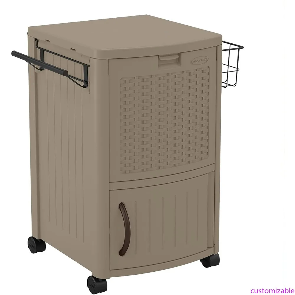 

Resin Outdoor Patio Cooler, 77-Quart Wicker Style with Wheels, Hinged Lid, Storage Basket, and Cabinet