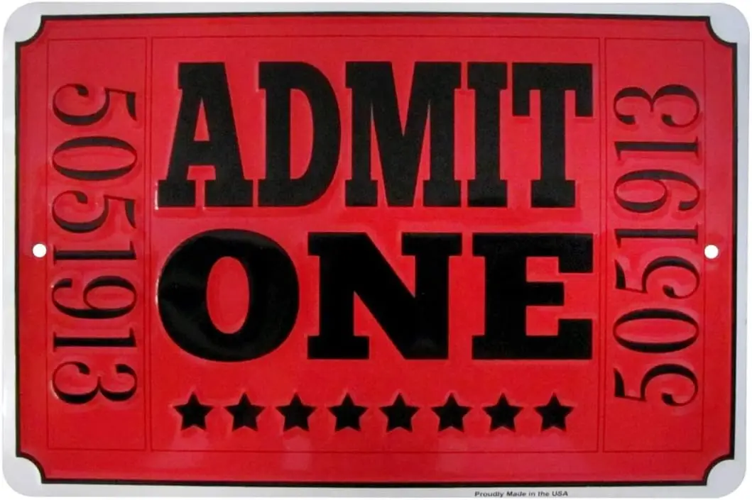 Treasure Gurus Admit One Red Movie Theatre Ticket Metal Sign Home Theater Wall Decor