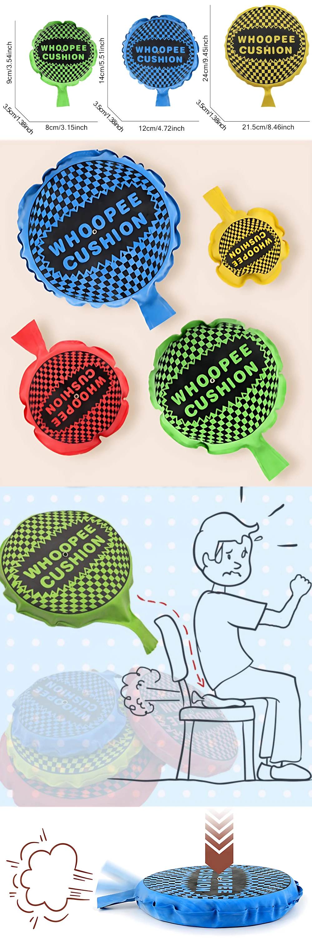 2 Teile/paket Zufällige Mischung Farbe Streich Furz Kissen Whoopee Kissen 3 Größen Verfügbar Party Essential Witz Trick Requisiten Noise Makers ZYF – Detail 1