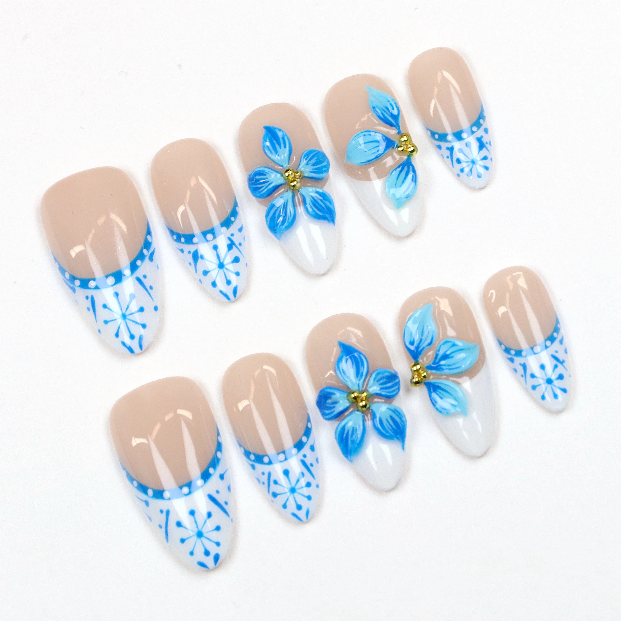 10 قطعة Y2K ثلاثية الأبعاد تصميم مخصص فاخر طويل خنجر اضغط على الأظافر ، زهور زرقاء جميلة FreeStyle الصحافة عطلة هدية عيد