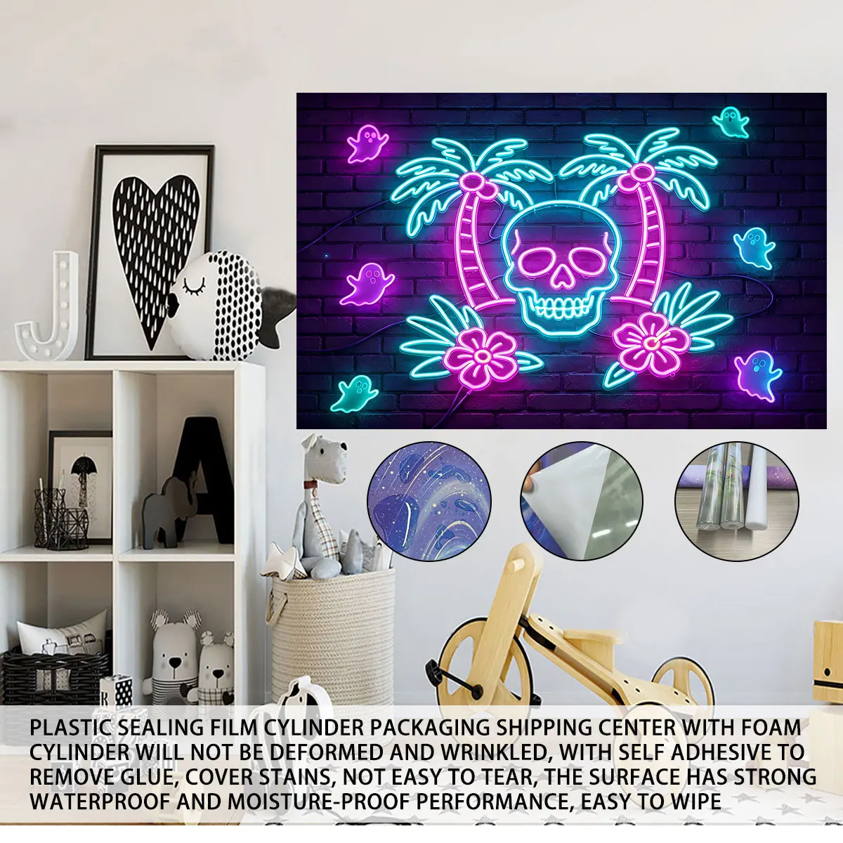 Neon Light Wall Sticker Palm Tree Skeleton Purple Glow Tropical Halloween Wall Decal Removable Peel and Stick Home Decor view 4