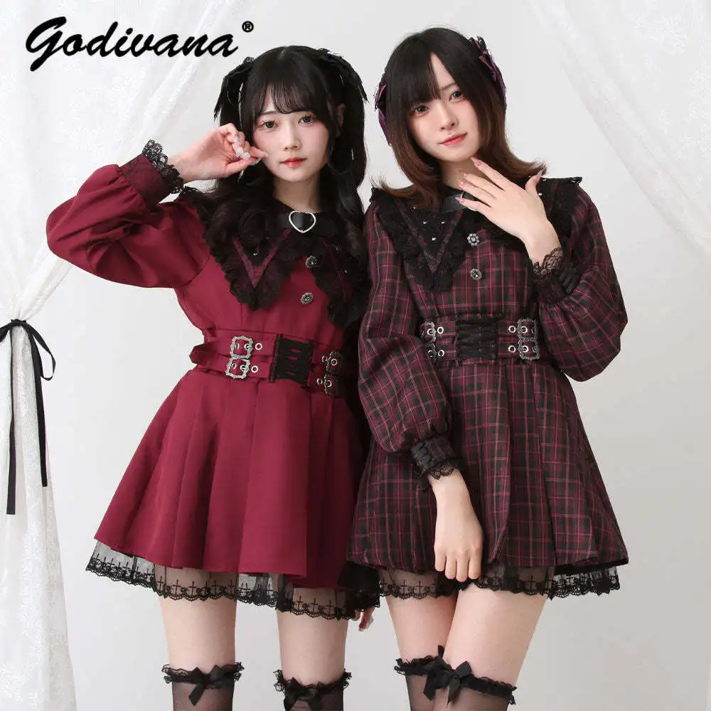 

New Japanese Mine Sweet Cute Lace Mesh Rivet Sailor Collar Slim Long Sleeve Dress Women's Lolita Short A-line Dresses