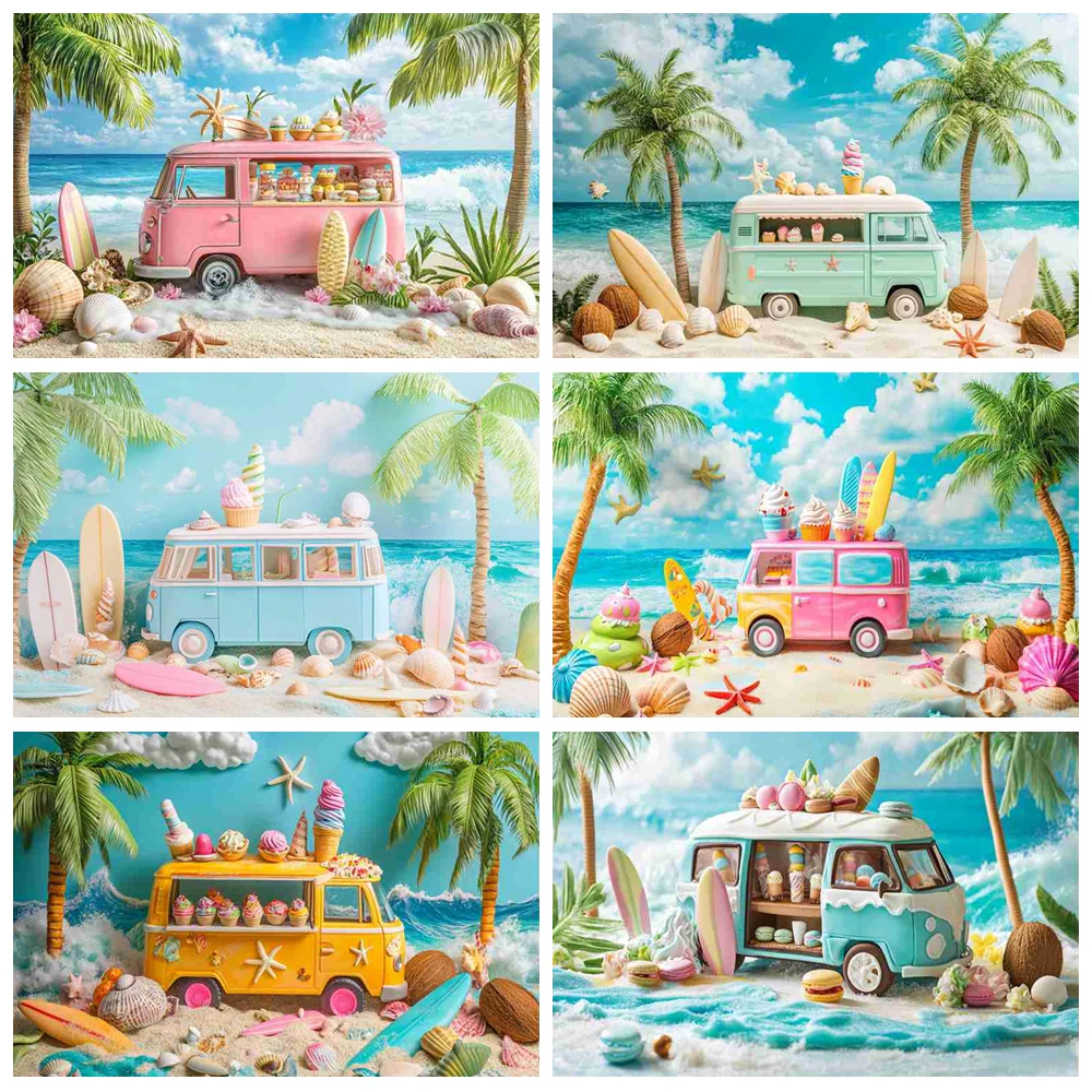

Summer Beach Backdrop Tropical Hawaii Seaside Ice Cream Truck Palm Tree Surfboard Kids Birthday Decor Photography Background