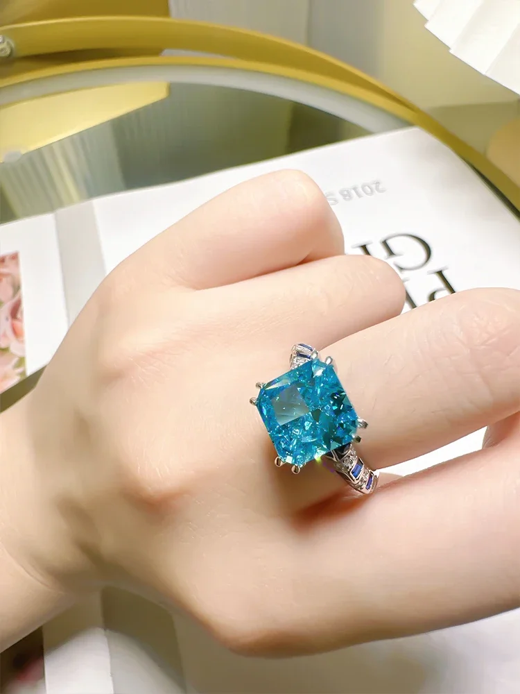 Retro Style 925 Sterling Silver Sea Blue Treasure Ring Inlaid with Fashionable Niche and High Sense Female