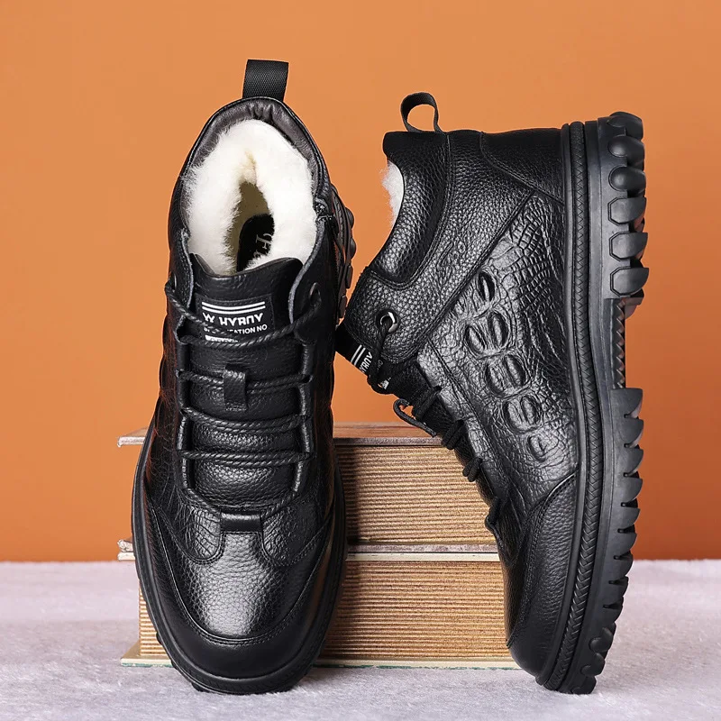 

Top layer cowhide wool cotton shoes for men winter warm shoes with added fleece high top shoes, fur and cotton shoes