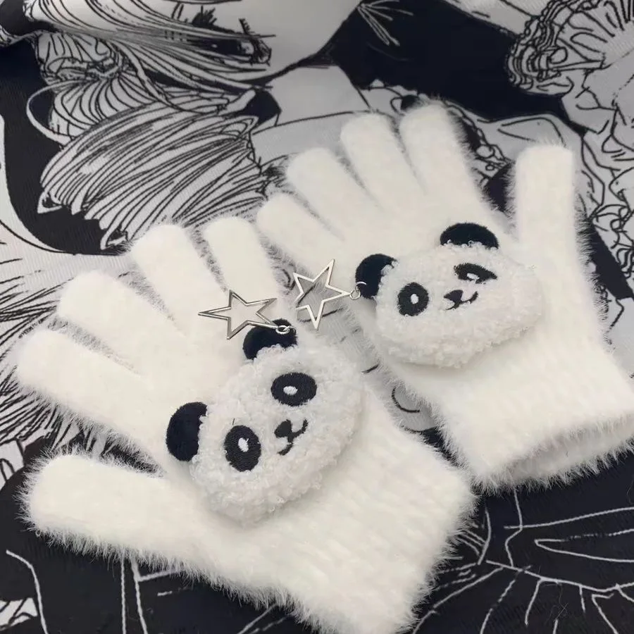 

Y2K White Black Panda Knitted Gloves Cute Winter Thickened Cute Fullfinger Gloves Women Lolita Mittens JK Accessories