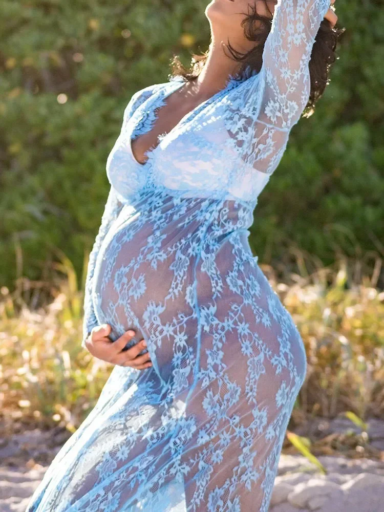 Lace Pregnancy Dress for PhotoShoot Maternity Photography Sexy V Neck Maxi Gown Dresses Plus Size Pregnant Women Baby Shower