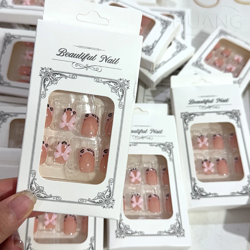 24Pcs Uñas Postizas Cortas Cuadradas Francesas Leopardo con Moño 3D Rosa Otoño Invierno Estampado de Leopardo# 2
