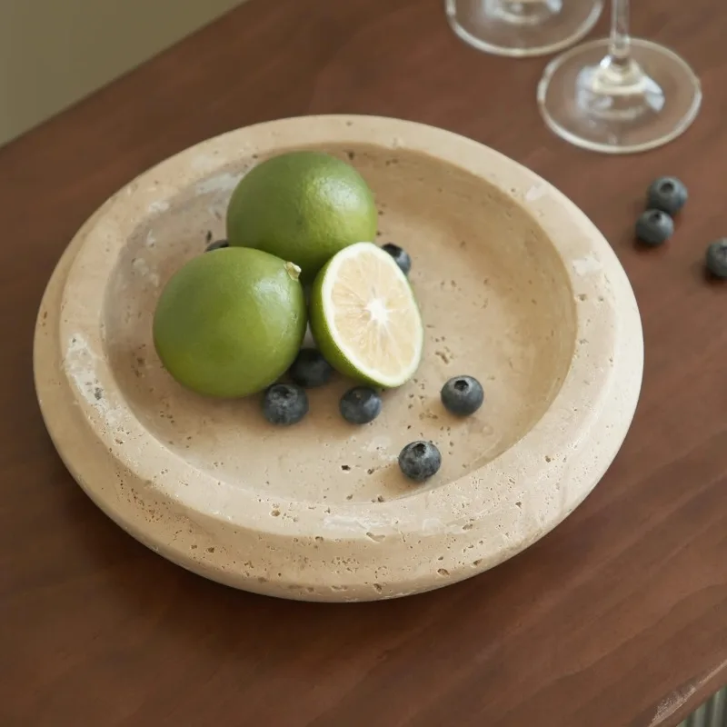 

Wabi-Sabi Vintage Natural Travertine Fruit Bowl Serving Tray Decor Coffee Table Snack Dish Jewelry Key Perfume Ring Stone Plate