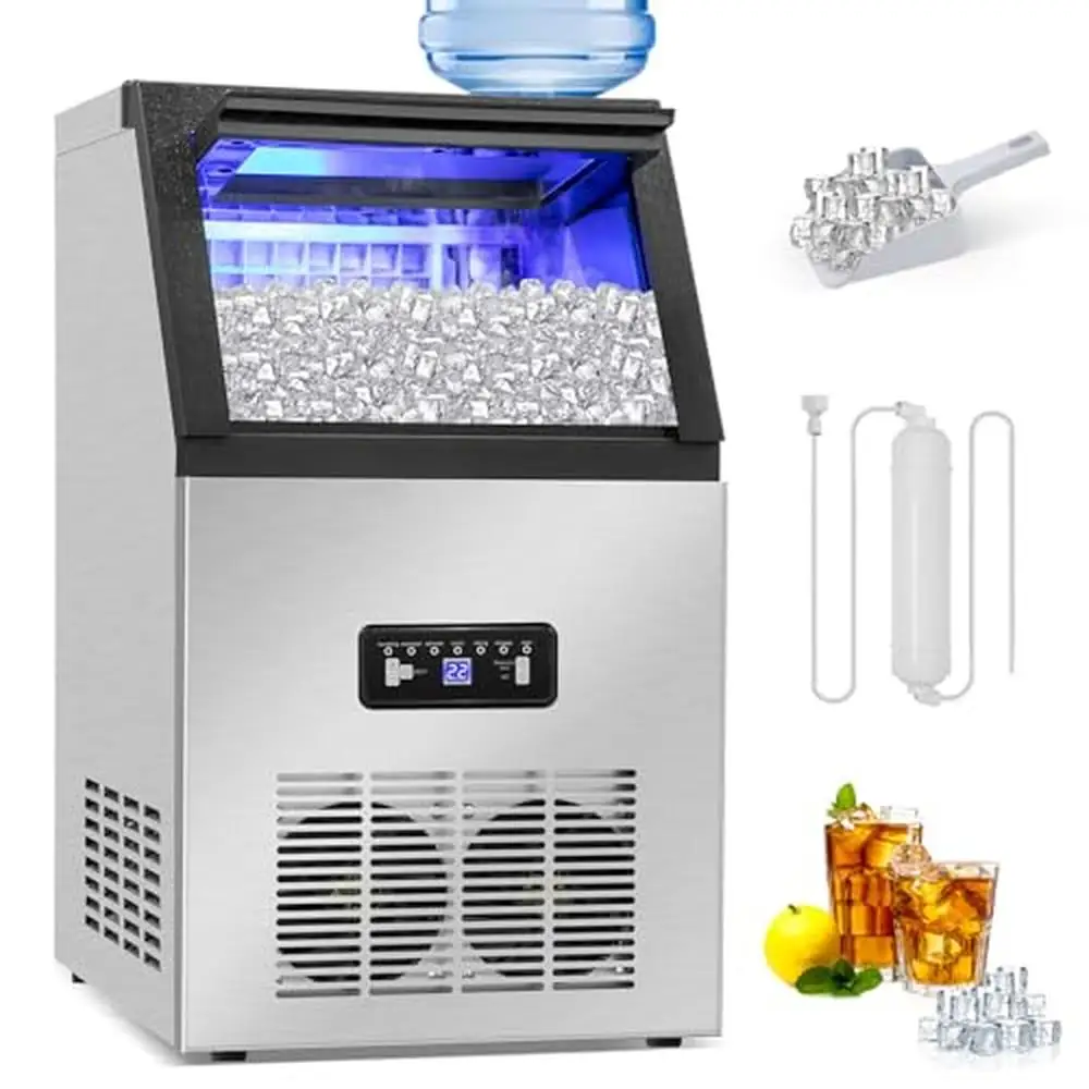 Commercial Ice Maker Machine 130Lbs/24H 36Pcs Ice Cubes in 8-15 Mins Stainless Steel 2 Water Inlet Modes LCD Panel Self-Cleaning