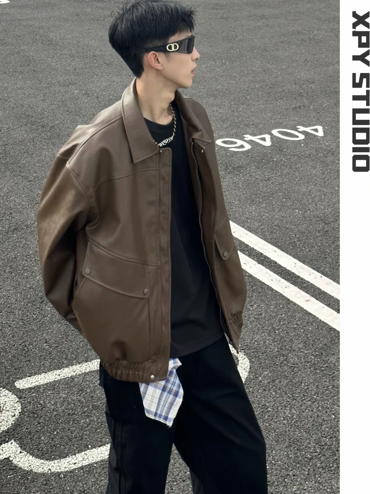 

Casual Loose Leather Jaet American Retro Sle Versatile Flip Collar Leisure Polyester Fiber Zipper Closure Pure Color Coat