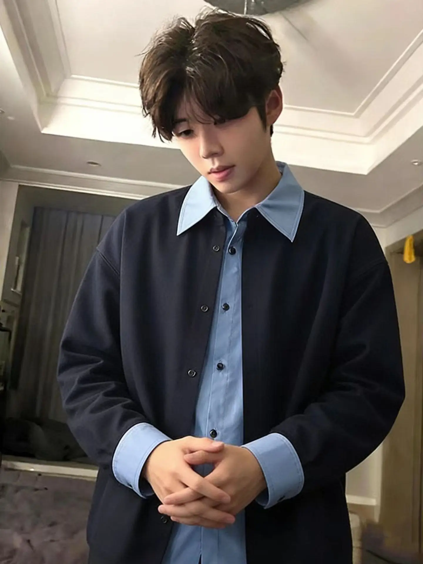 American Style Casual Blue Long Sleeve Shirt Men's Spring Patchwork Collarless Jacket Fake Two-Piece Breathable Skin-Friendly