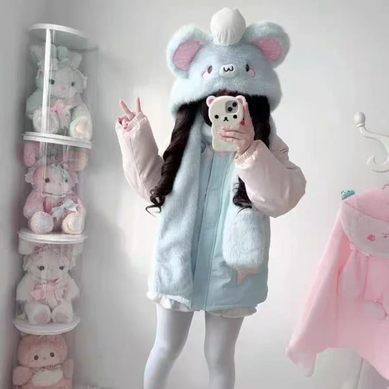 Japanese Winter Star Embroidery Lolita Parkas Women Kawaii Cotton Pattern Ear Hooded Jacket Harajuku Casual Thickened Warm Coat