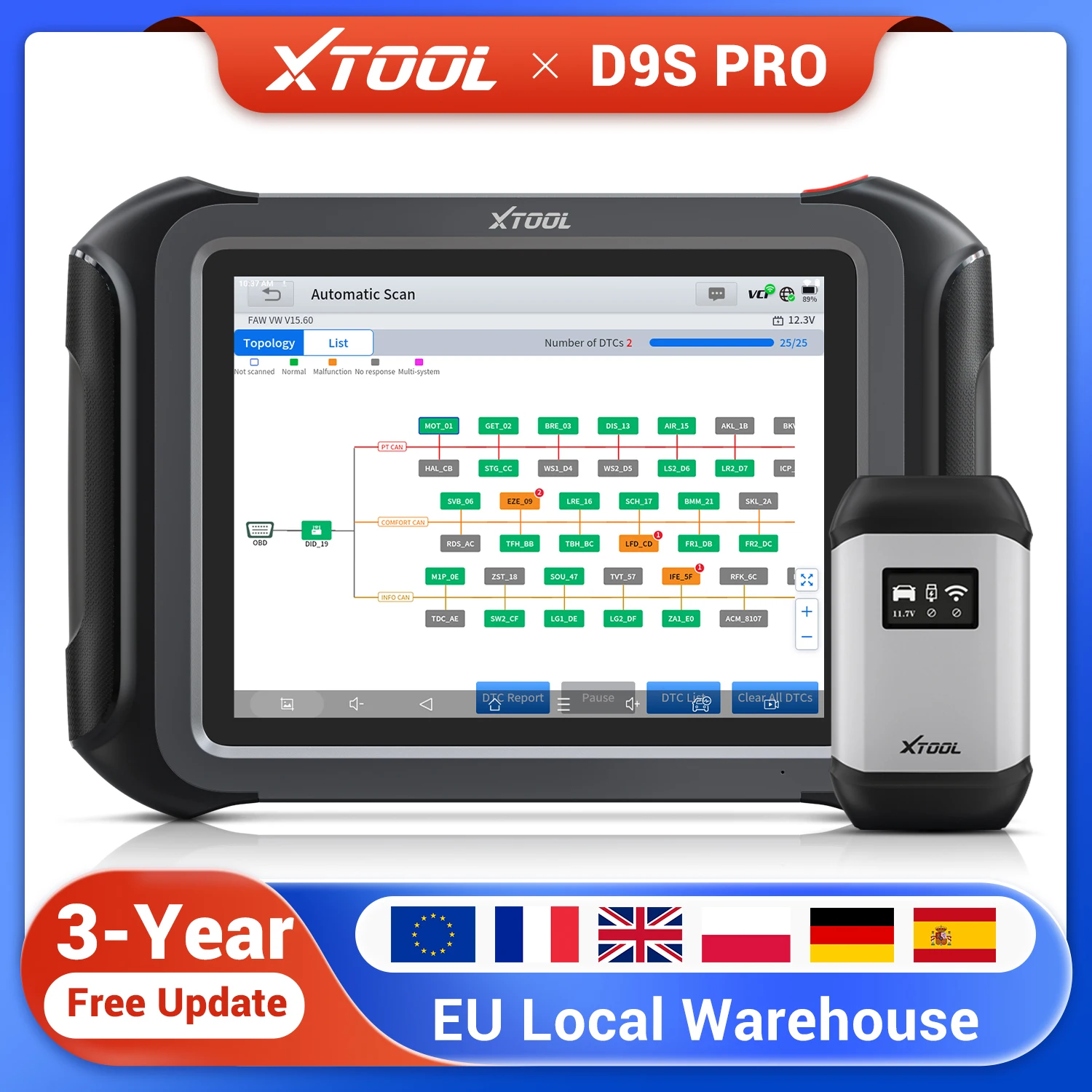 Strumento di programmazione ECU XTOOL D9S PRO Strumenti diagnostici per auto con mappa topologica 2026 Scanner automobilistico con 45 servizi Scanner OBD2