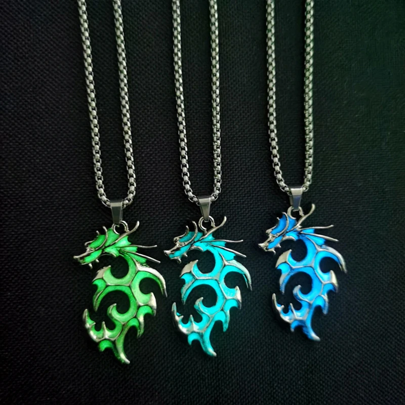 

Glow Flame Dragon Necklace Personality Luminous Punk Glow Pendant Glow In The Dark Sweater Chain Glowing Necklace Hiphop Jewelry