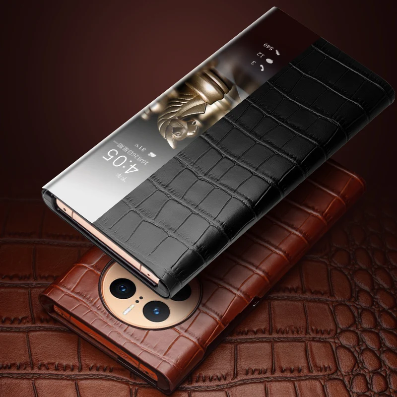 QIALINO Genuine Leather Flip Case for Huawei Mate 50 Ultra Light Luxury Phone Cover with Smart View Case for Mate 50 Pro