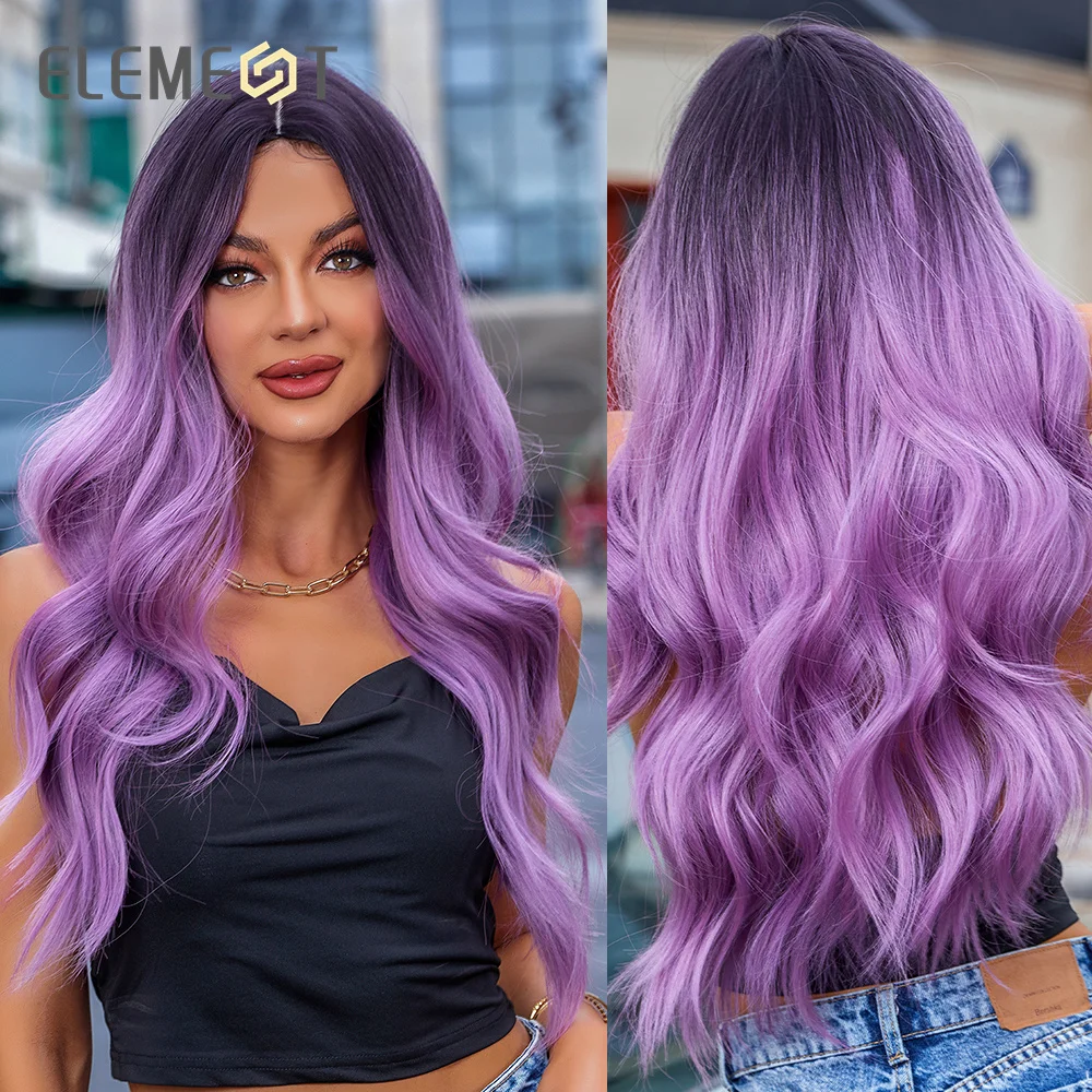 

ELEMENT Synthetic Wigs Long Wavy Ombre Black to Purple Wig for Women Ladies Daily Natura Middle Part Heat Resistant Hair Braided