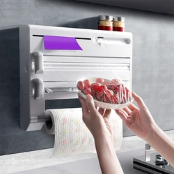 Kitchen Rack 6-in-1 Plastic Wrap Cutter Roll Paper Garbage Bag Tape Tin Foil Bath Towel Strong Rub Storage Box Dispenser